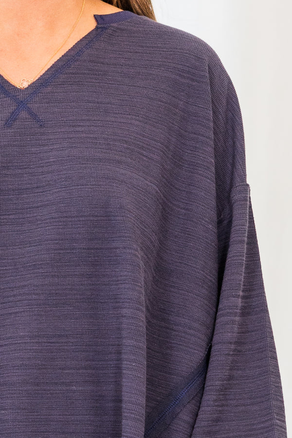Chic Soul plus size clothing, long sleeve navy pullover with v-neckline and darker navy stitching details