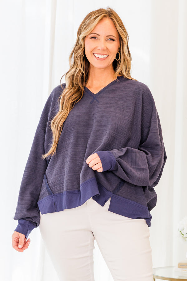 Chic Soul plus size clothing, long sleeve navy pullover with v-neckline and darker navy stitching details