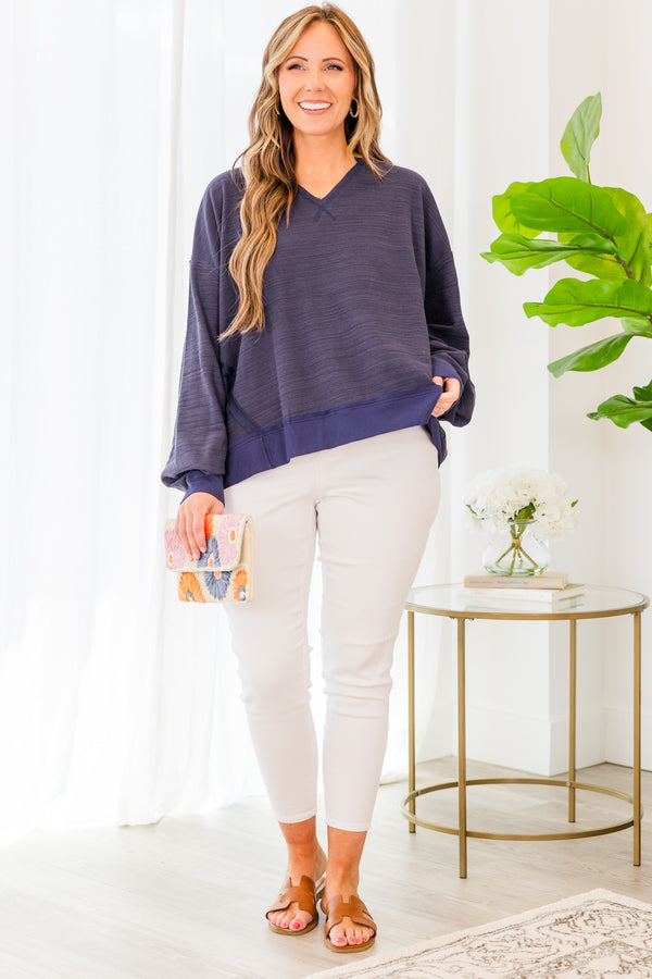 Chic Soul plus size clothing, long sleeve navy pullover with v-neckline and darker navy stitching details