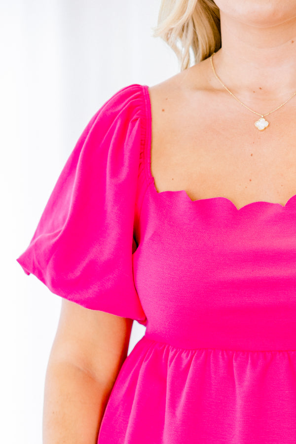 Chic Soul plus size clothing, scallop edge fuchsia puff short sleeve babydoll top