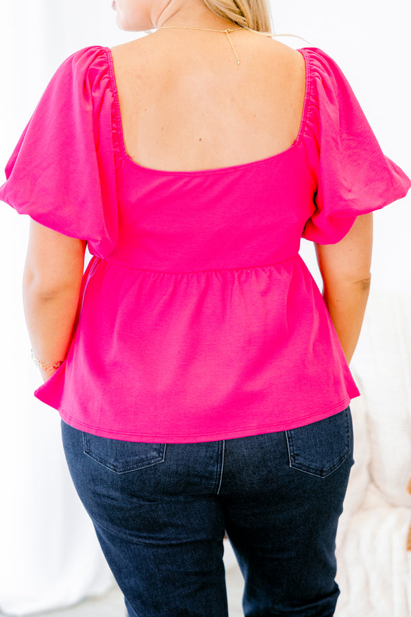 Chic Soul plus size clothing, scallop edge fuchsia puff short sleeve babydoll top
