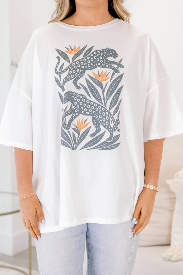 Chic Soul plus size clothing, white short sleeve boyfriend tee with two light blue leopards and leaf/palm tree print on the front