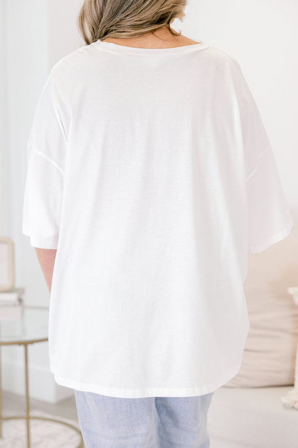 Chic Soul plus size clothing, white short sleeve boyfriend tee with two light blue leopards and leaf/palm tree print on the front