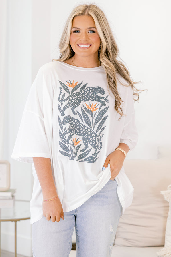 Chic Soul plus size clothing, white short sleeve boyfriend tee with two light blue leopards and leaf/palm tree print on the front