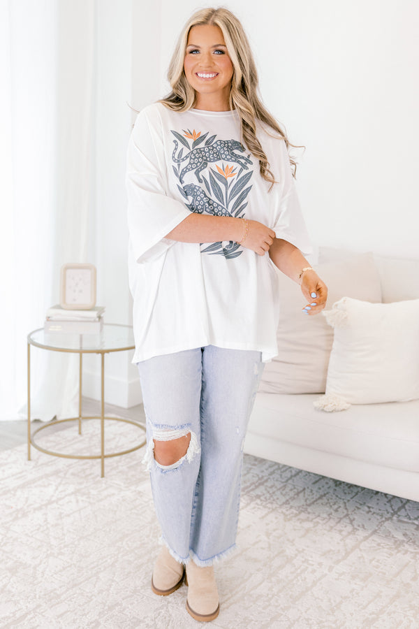 Chic Soul plus size clothing, white short sleeve boyfriend tee with two light blue leopards and leaf/palm tree print on the front