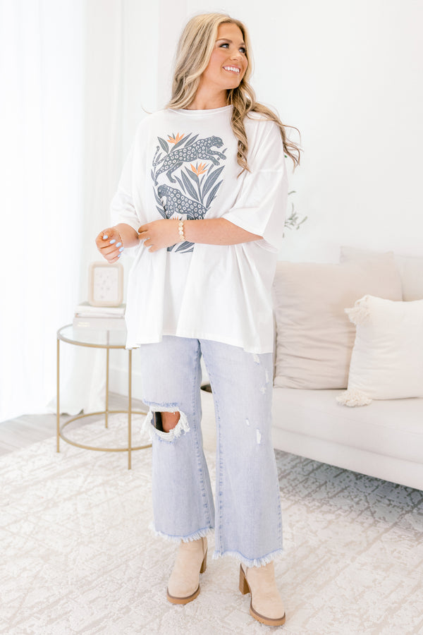 Chic Soul plus size clothing, white short sleeve boyfriend tee with two light blue leopards and leaf/palm tree print on the front