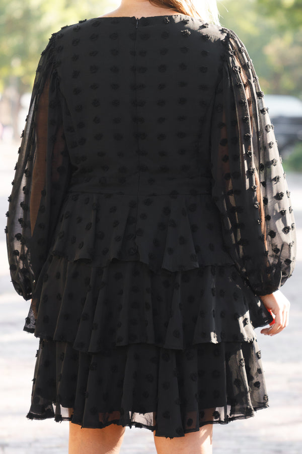 Chic Soul plus size clothing, black swiss dot dress with a v neckline