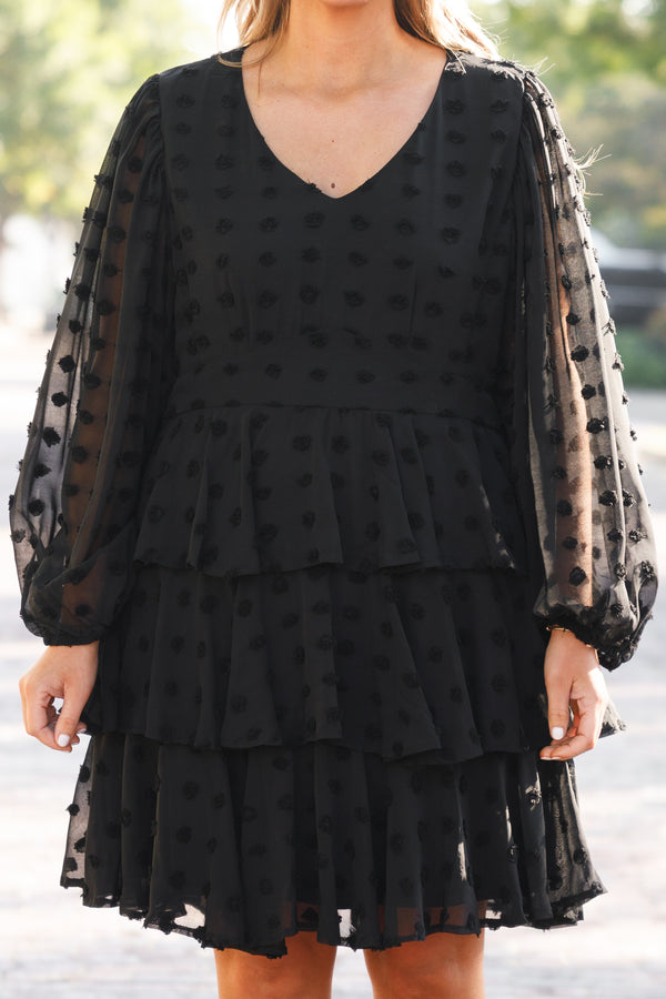 Chic Soul plus size clothing, black swiss dot dress with a v neckline