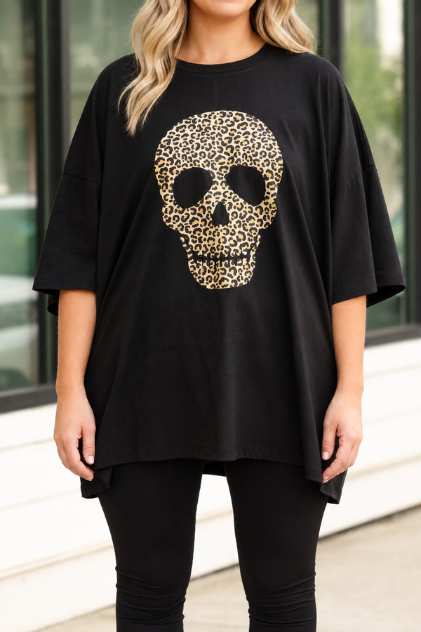 Chic Soul plus size clothing, black tee with a skull and animal print