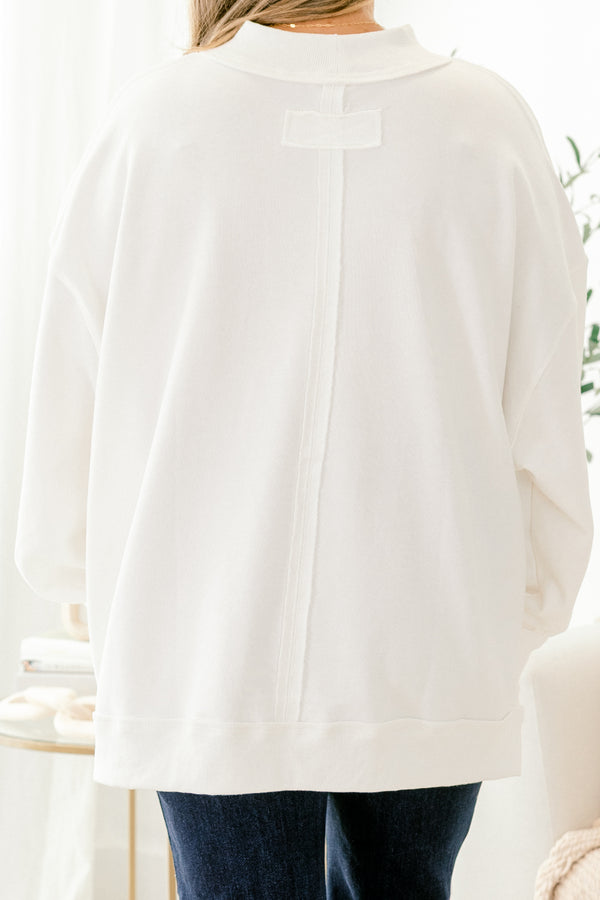 Chic Soul plus size clothing, ivory mock neck sweatshirt with the words 