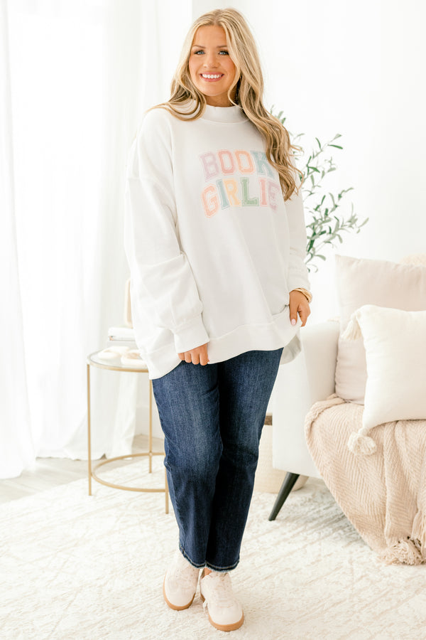 Chic Soul plus size clothing, ivory mock neck sweatshirt with the words 