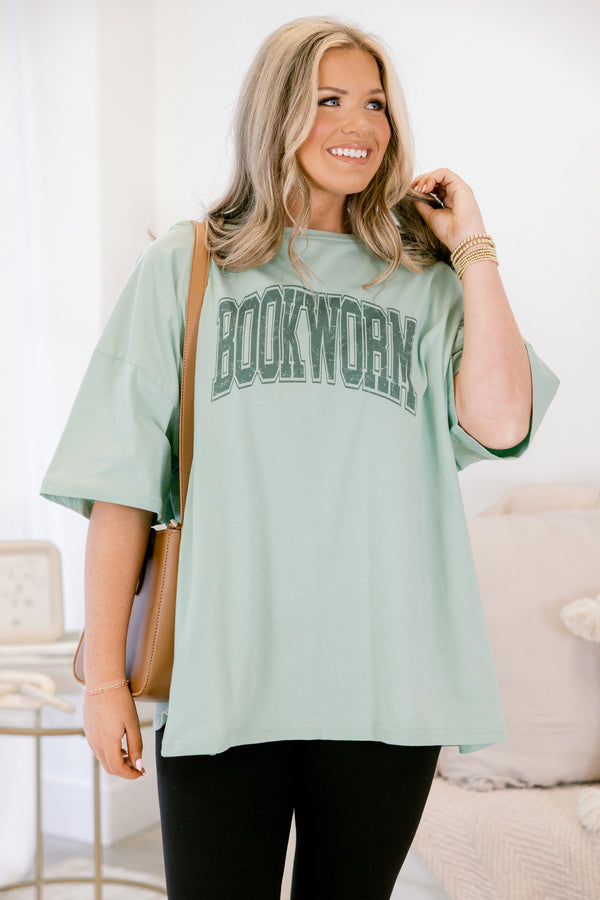 Chic Soul plus size clothing, light green boyfriend tee with the words 