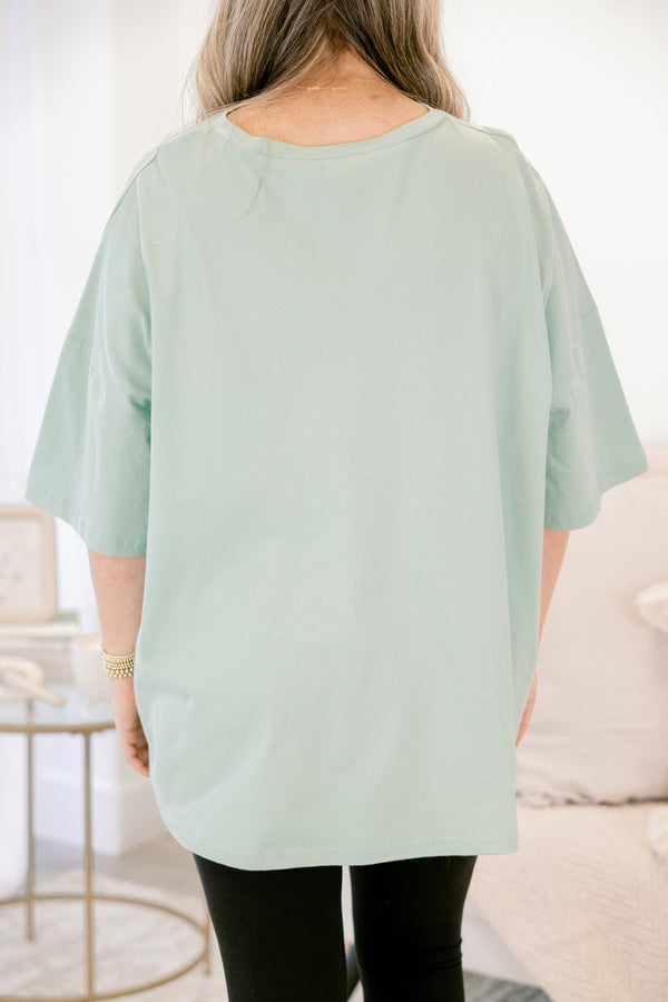 Chic Soul plus size clothing, light green boyfriend tee with the words 
