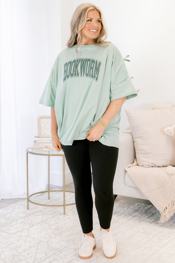 Chic Soul plus size clothing, light green boyfriend tee with the words 