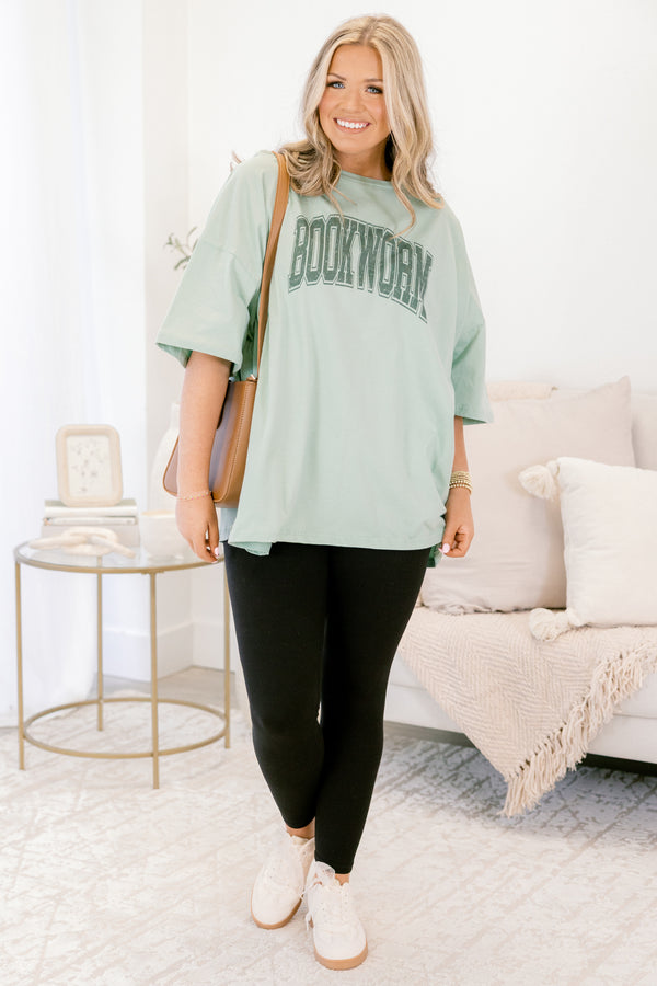 Chic Soul plus size clothing, light green boyfriend tee with the words 