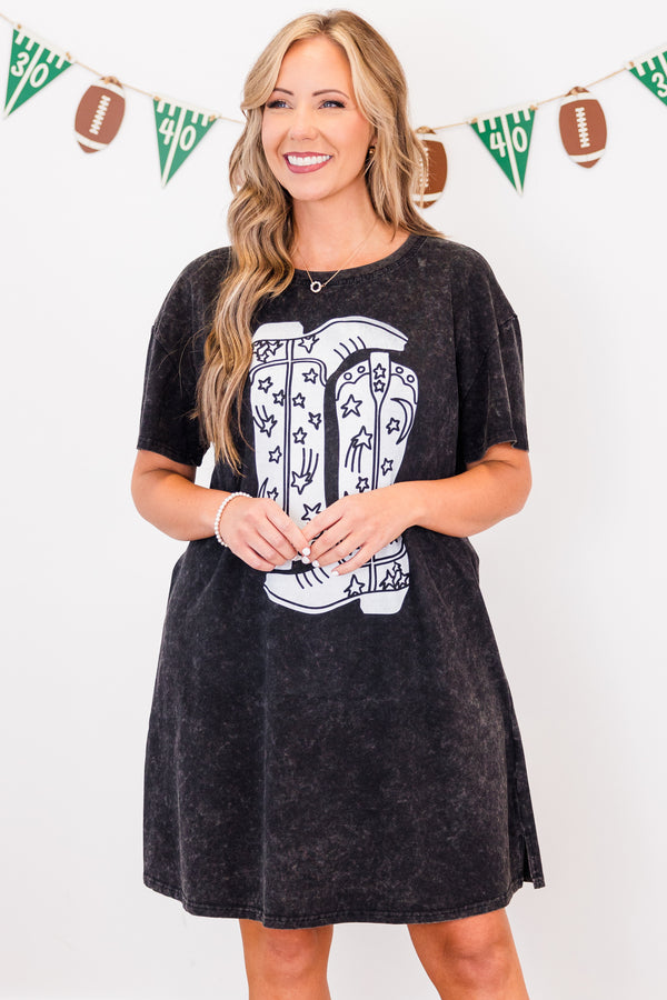 Chic Soul plus size clothing,  short-sleeve black acid wash t-shirt dress with white upside down cowboy boot graphic and a white right-side up cowboy boot graphic 