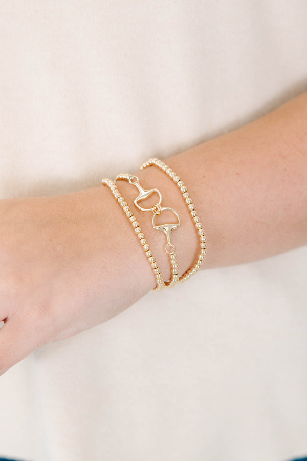  gold Boots and Buckles beaded bracelet set with horse bit charms.