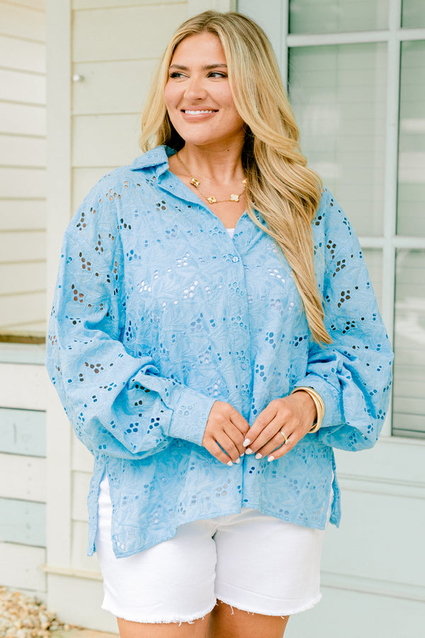 Chic Soul plus size clothing, light blue eyelet button-up top with long sleeves, a collar, and a relaxed fit with floral cutout patterns throughout