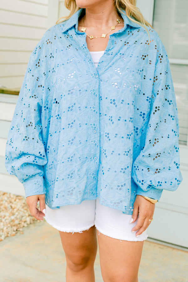 Chic Soul plus size clothing, light blue eyelet button-up top with long sleeves, a collar, and a relaxed fit with floral cutout patterns throughout