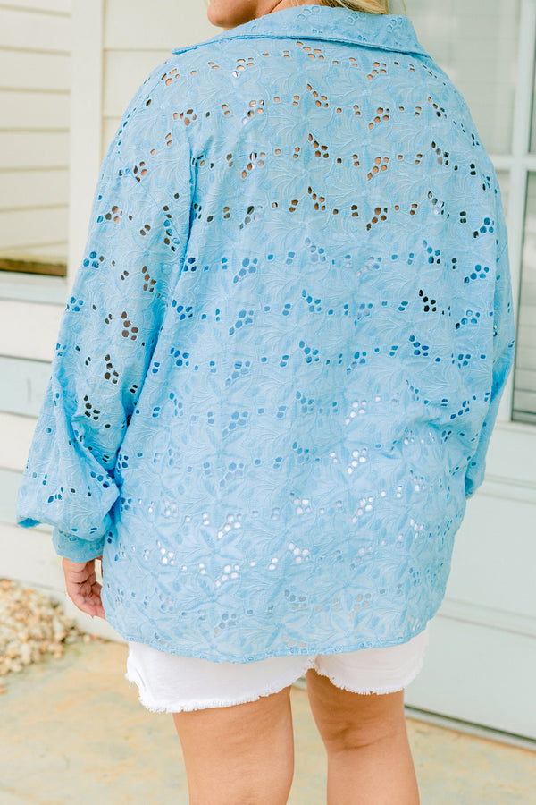 Chic Soul plus size clothing, light blue eyelet button-up top with long sleeves, a collar, and a relaxed fit with floral cutout patterns throughout