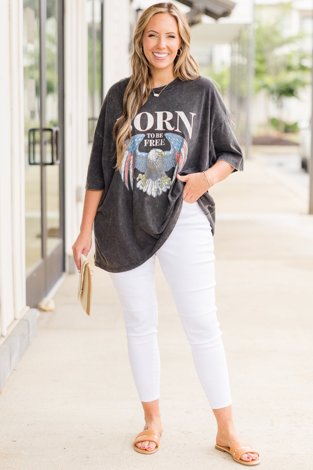 Born to be Wild & Free Acid Wash Boyfriend Tee, Ash Black – Chic Soul