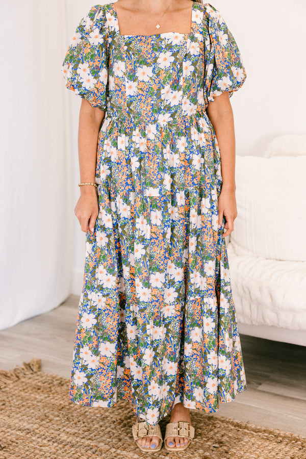 Chic Soul plus size clothing, blue multi colored floral short sleeve maxi dress with ruffle tiered detail with square neckline and puff sleeves with pockets
