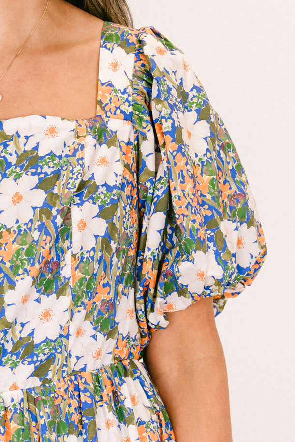 Chic Soul plus size clothing, blue multi colored floral short sleeve maxi dress with ruffle tiered detail with square neckline and puff sleeves with pockets