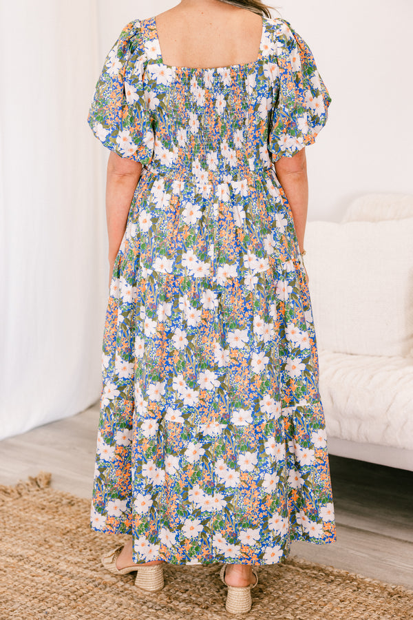 Chic Soul plus size clothing, blue multi colored floral short sleeve maxi dress with ruffle tiered detail with square neckline and puff sleeves with pockets