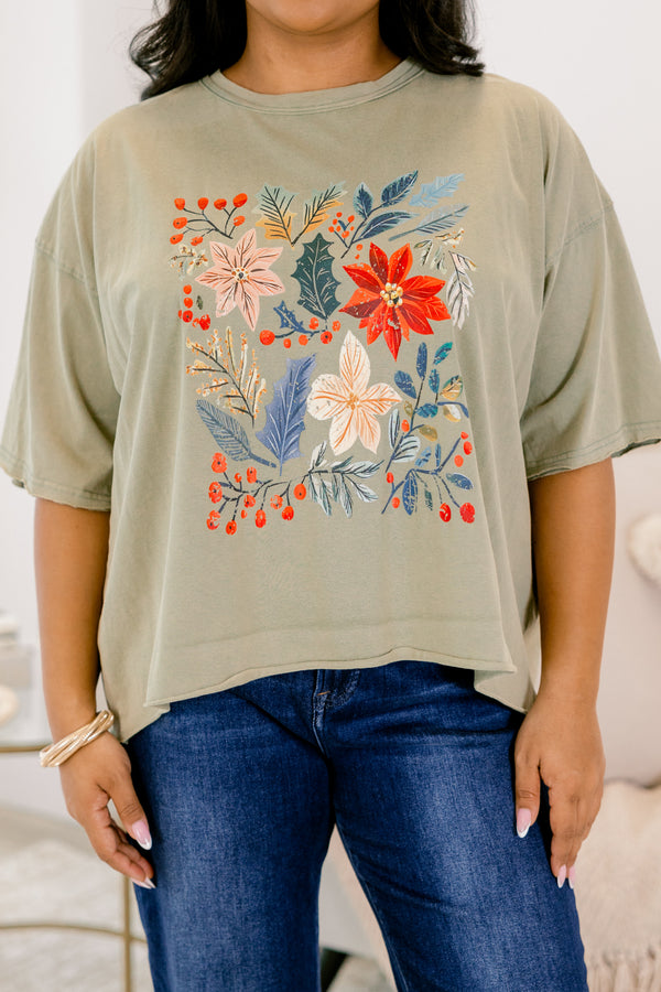 Chic Soul plus size clothing, army green short sleeve slightly cropped vintage wash tee with winter floral pattern on the front