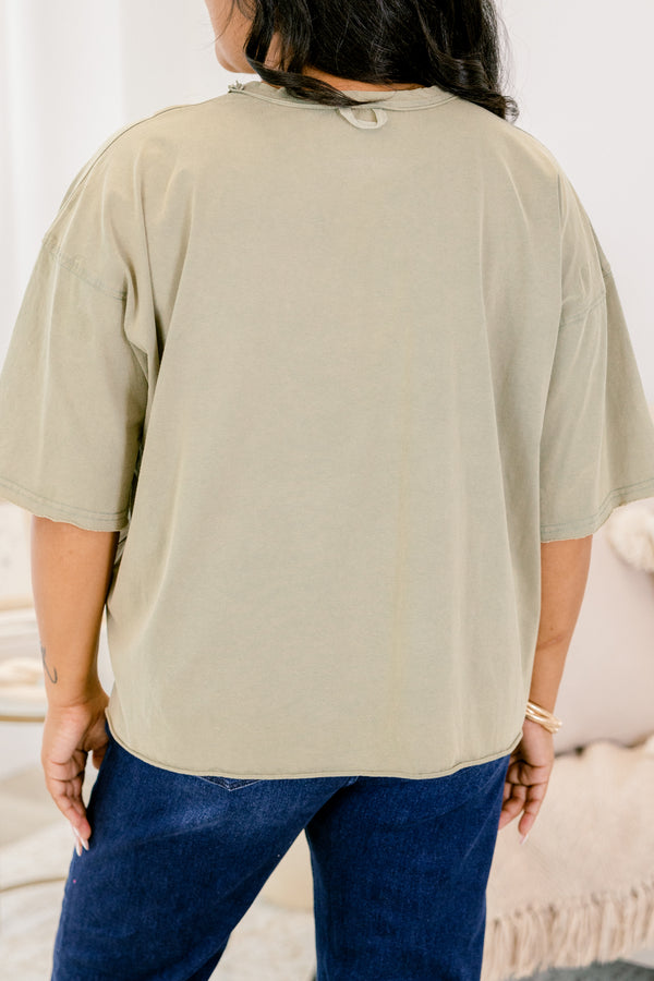 Chic Soul plus size clothing, army green short sleeve slightly cropped vintage wash tee with winter floral pattern on the front