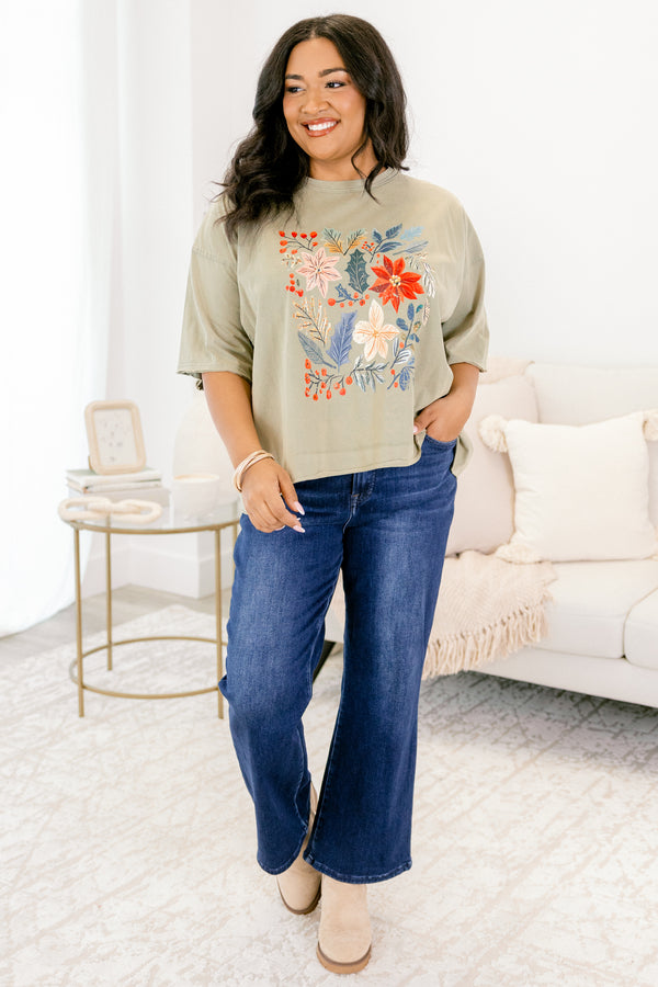 Chic Soul plus size clothing, army green short sleeve slightly cropped vintage wash tee with winter floral pattern on the front