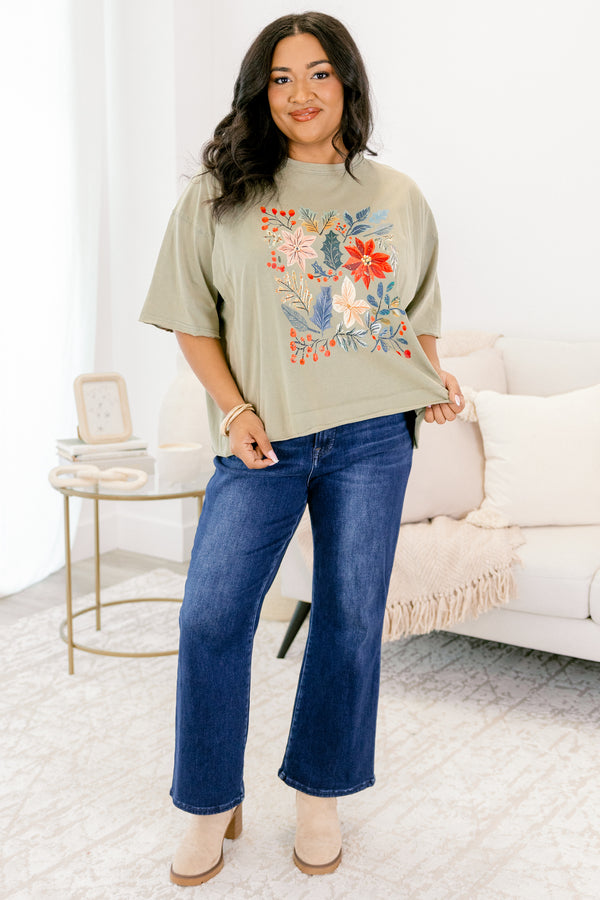 Chic Soul plus size clothing, army green short sleeve slightly cropped vintage wash tee with winter floral pattern on the front