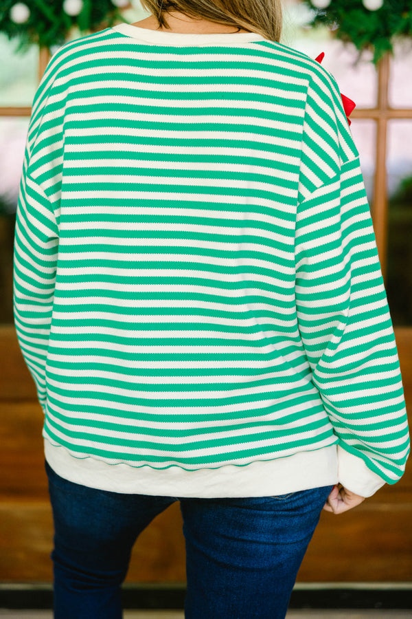 Chic Soul plus size clothing, green and white horizontal stripe crewneck with red bows all over 