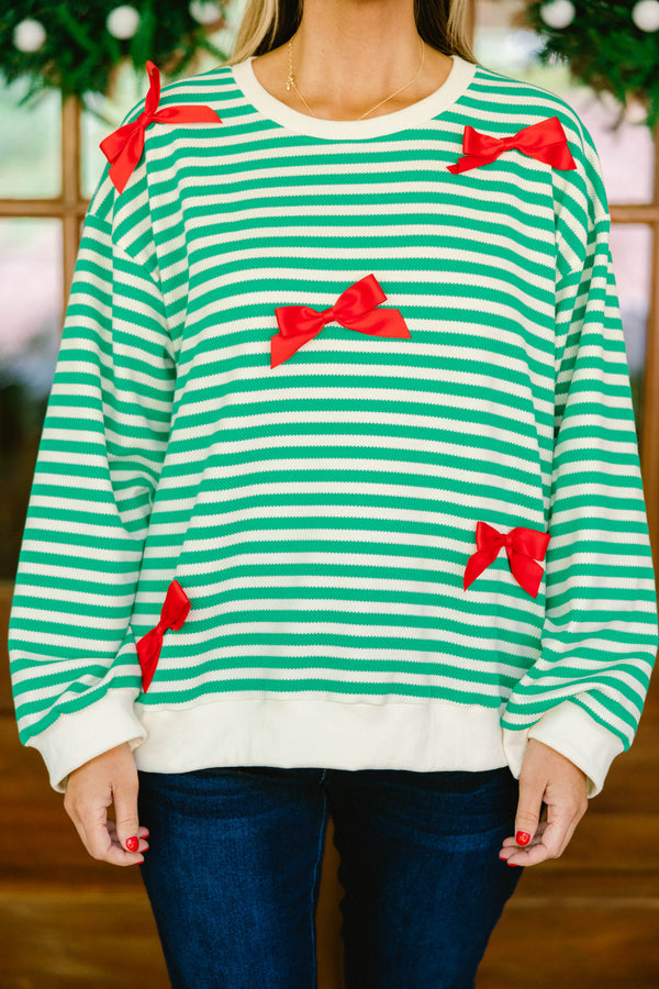 Chic Soul plus size clothing, green and white horizontal stripe crewneck with red bows all over 