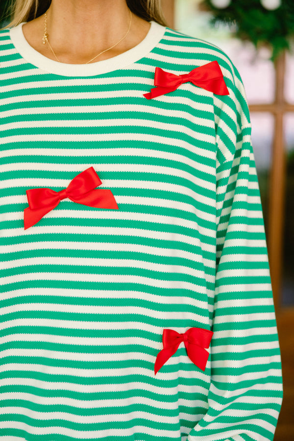 Chic Soul plus size clothing, green and white horizontal stripe crewneck with red bows all over 