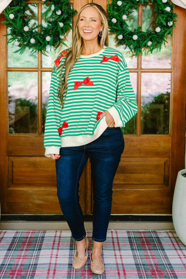 Chic Soul plus size clothing, green and white horizontal stripe crewneck with red bows all over 