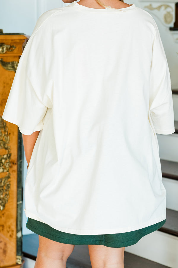 Chic Soul plus size clothing, short-sleeve ivory boyfriend tee with graphic art featuring red and green christmas bows and stars scattered around them