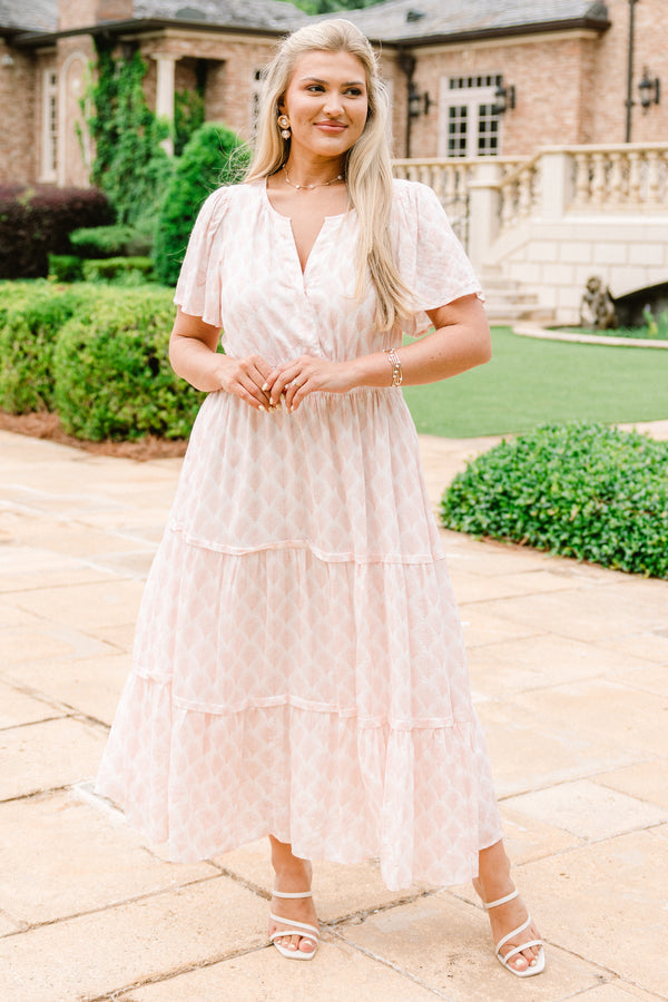 Chic Soul plus size clothing, baby pink short sleeve midi dress with an abstract pattern and a v-neckline
