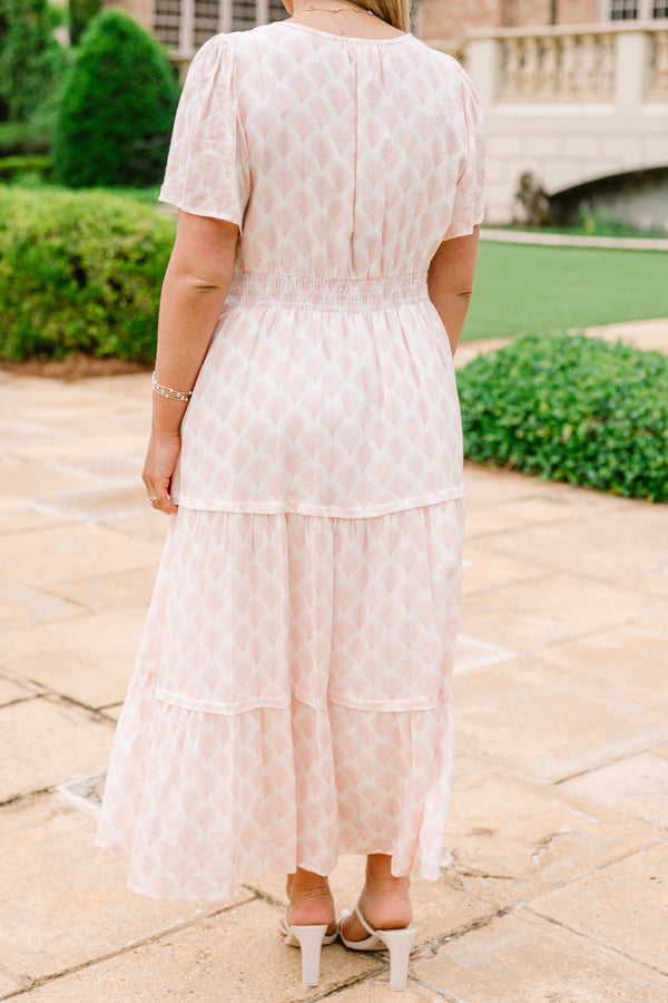 Chic Soul plus size clothing, baby pink short sleeve midi dress with an abstract pattern and a v-neckline
