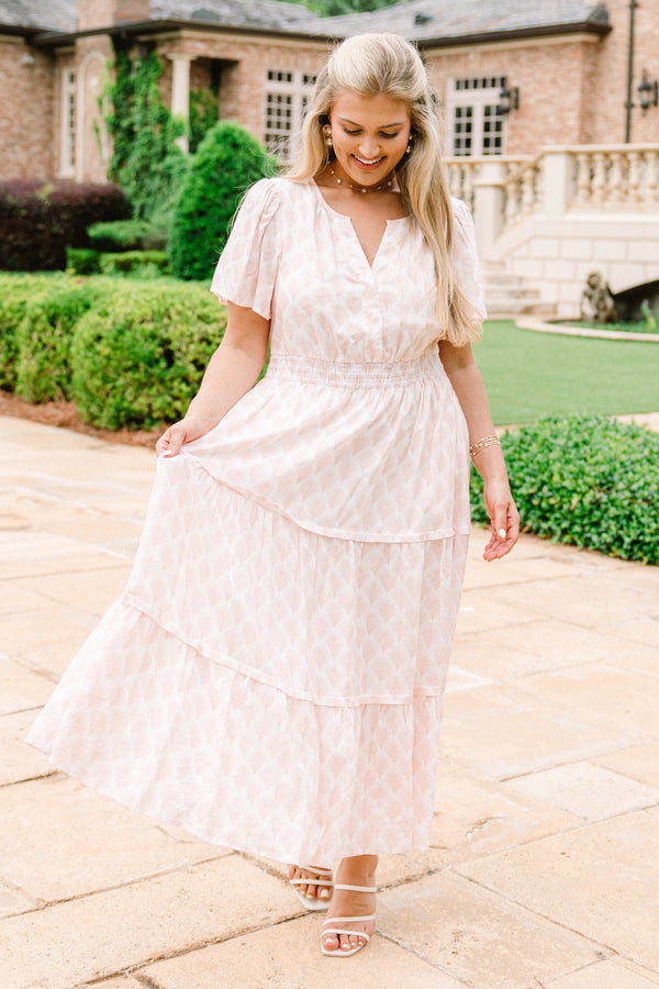 Chic Soul plus size clothing, baby pink short sleeve midi dress with an abstract pattern and a v-neckline
