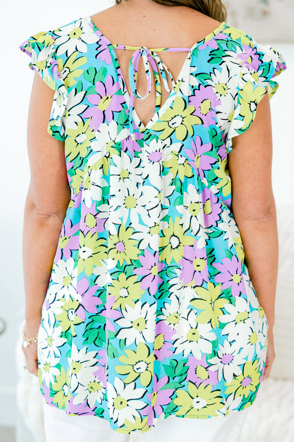 Chic Soul plus size clothing, mint multi color top with flutter sleeves and a floral pattern throughout 