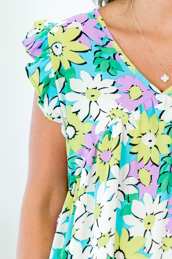 Chic Soul plus size clothing, mint multi color top with flutter sleeves and a floral pattern throughout 