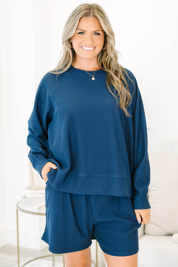 Plus size clothing, navy ribbed set with long sleeves and matching shorts