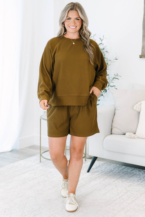 Plus size clothing, olive ribbed set with long sleeves and matching shorts