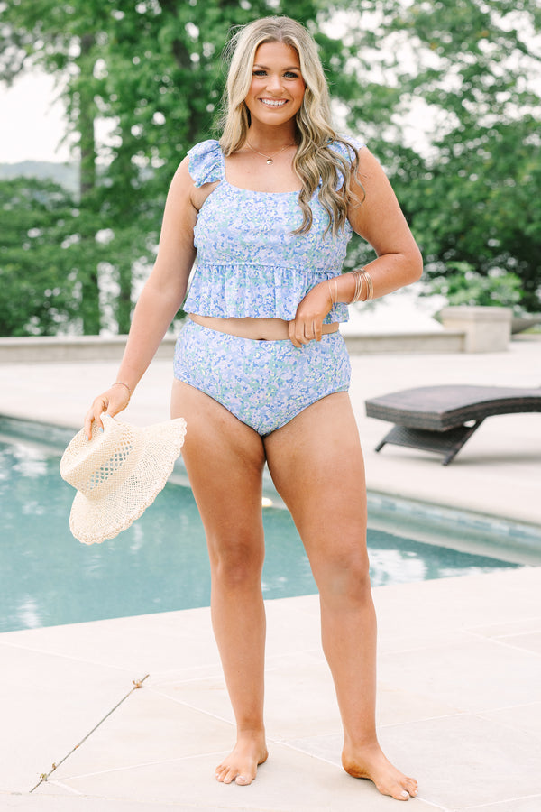 Chic Soul plus size clothing, flutter-strap blue floral tankini top with a subtle scoop-neckline with ruffled babydoll detail