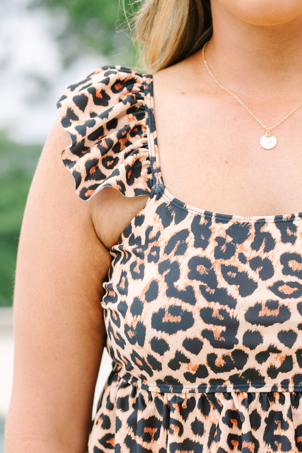Chic Soul plus size clothing, flutter-strap leopard tankini top with a subtle scoop-neckline with ruffled babydoll detail