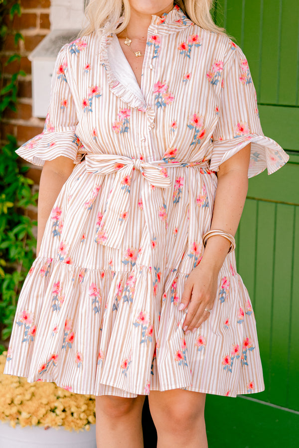 Chic Soul plus size clothing, beige striped dress with short sleeves that have a ruffle detail on the ends and a floral pattern throughout as well as a bow that ties around the waist 