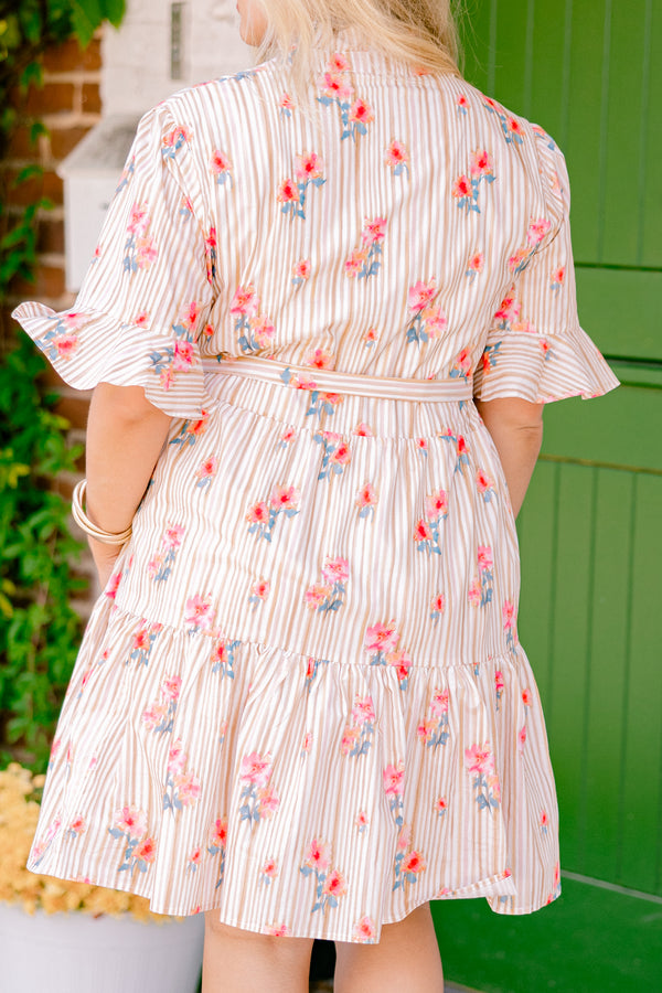 Chic Soul plus size clothing, beige striped dress with short sleeves that have a ruffle detail on the ends and a floral pattern throughout as well as a bow that ties around the waist 