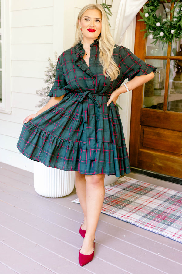 Chic Soul plus size clothing, green and red plaid short ruffle sleeve button up dress with ruffles on the collar and a tie belt waist