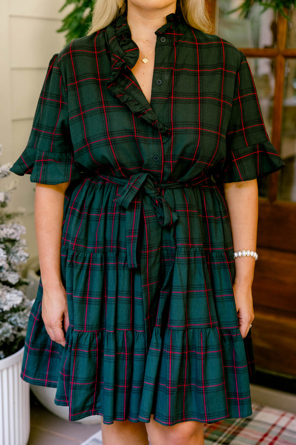 Chic Soul plus size clothing, green and red plaid short ruffle sleeve button up dress with ruffles on the collar and a tie belt waist